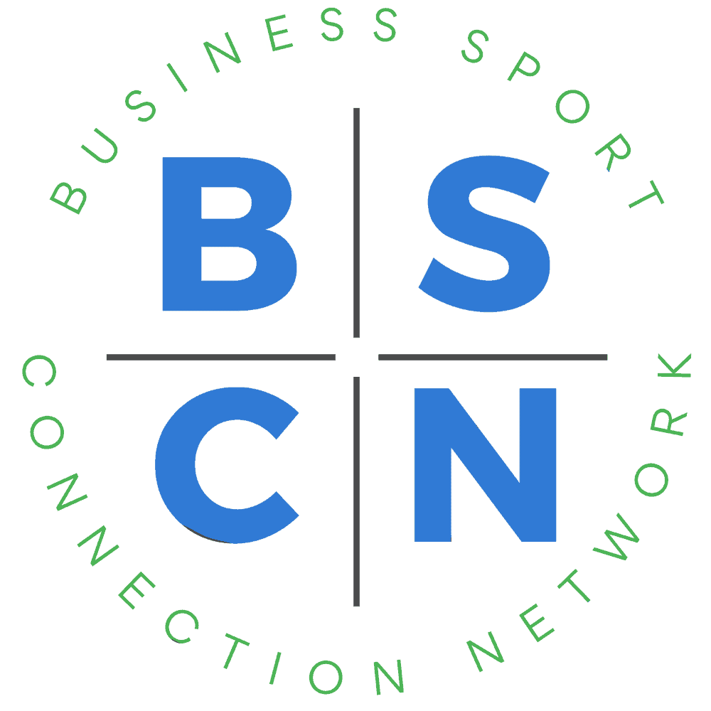 Business sports photography logo element with bold blue letters B, S, C, N on green background.
