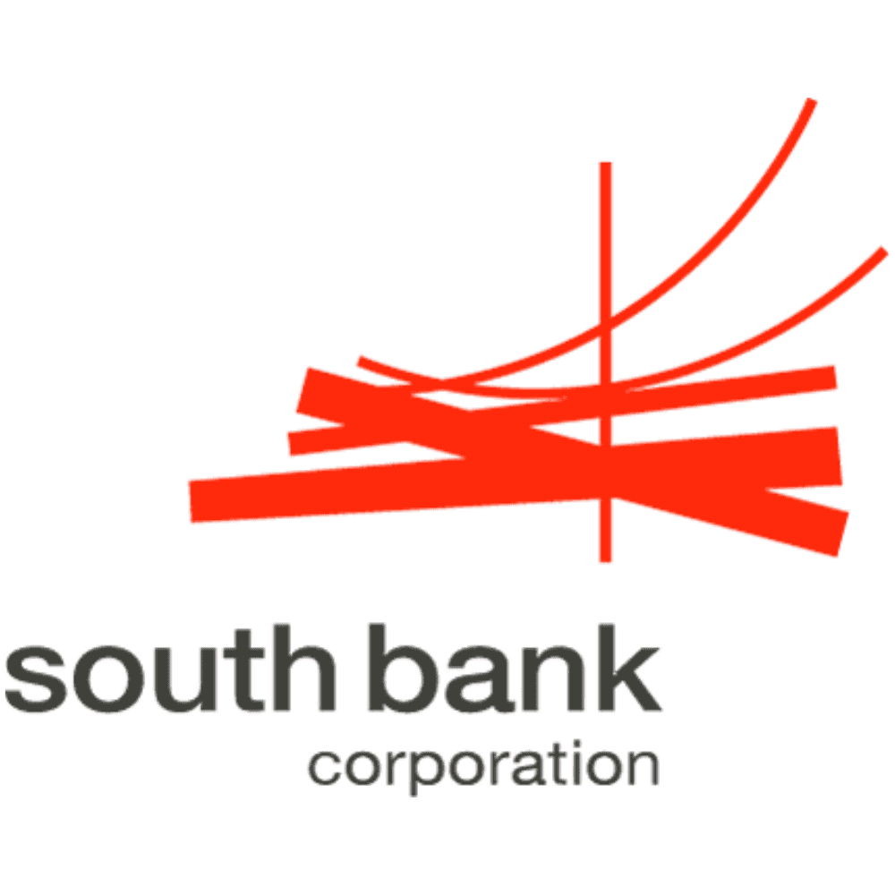 Vivid red South Bank Corporation logo with stylized bridge and river design.