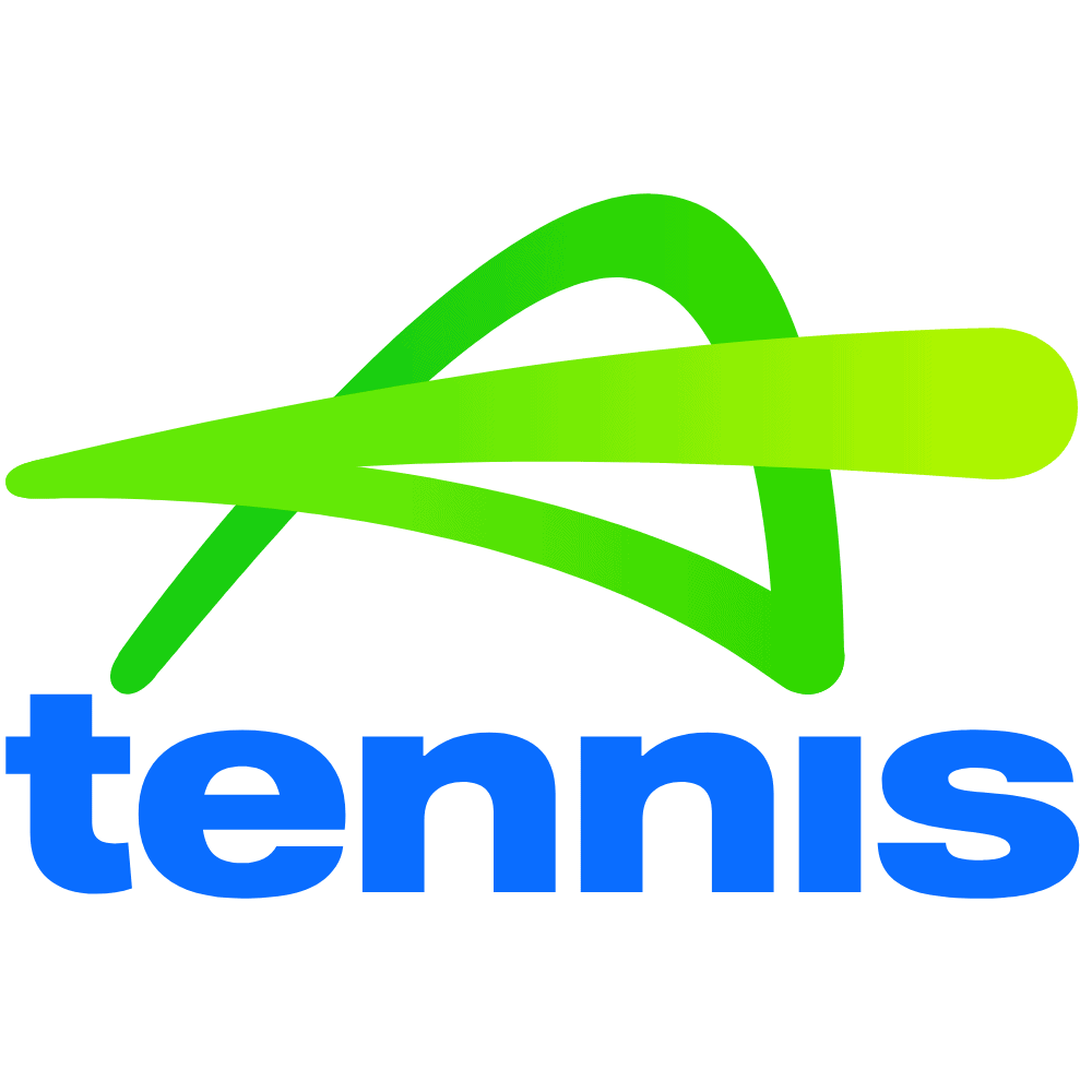 Vibrant green tennis logo with blue text, representing professional tennis branding and sports marketing.