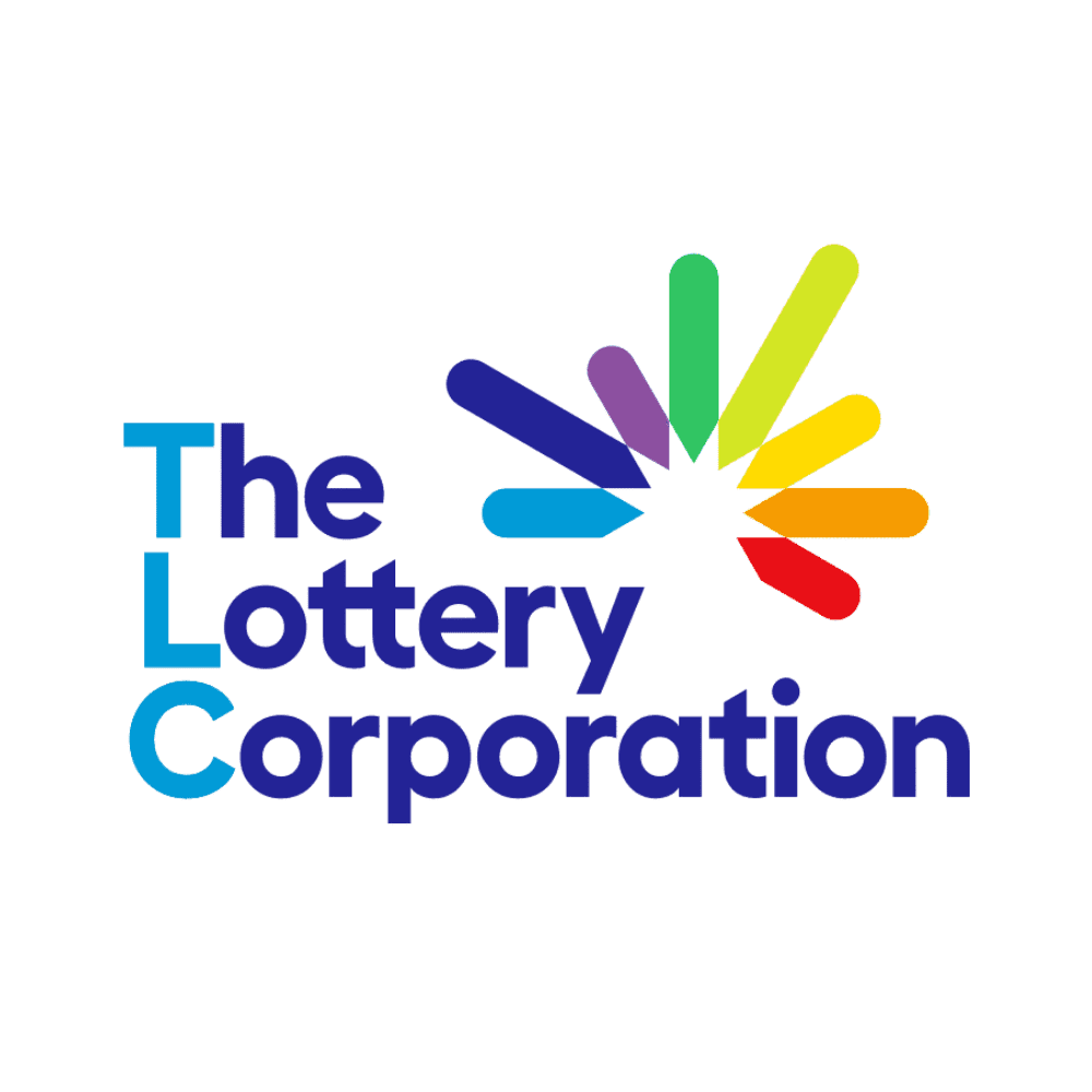 Colorful lottery logo with abstract hand design and text representation.
